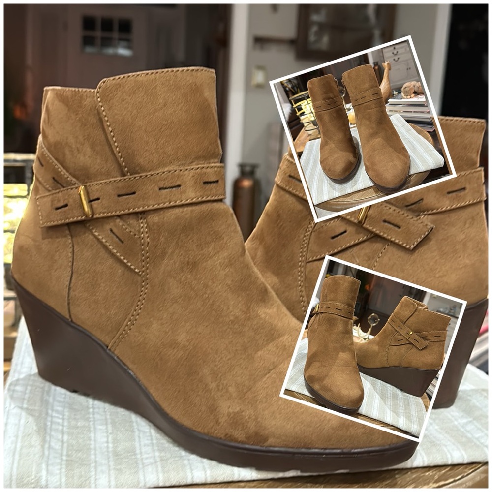 Naturalizer Women’s Jill Faux Suede Ankle Wedge Bootie, Light Brown Size 10 WIDE - Picture 4 of 16
